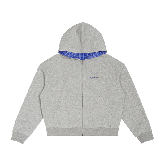 Contrast Plaid Boxy Zip Hoodie